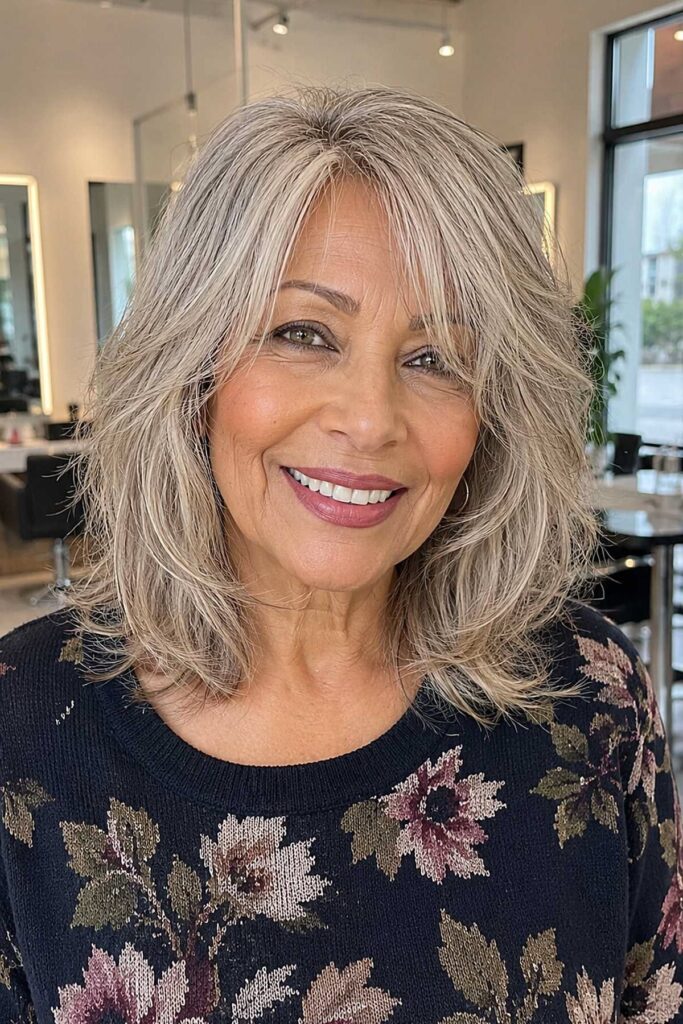 Textured Shoulder-Length Layered Cut with Soft Bangs
