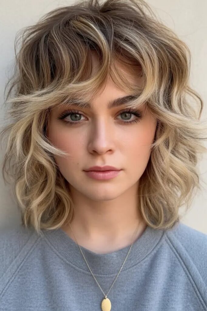 Textured Shoulder-Length Shag with Highlights and Curtain Bangs