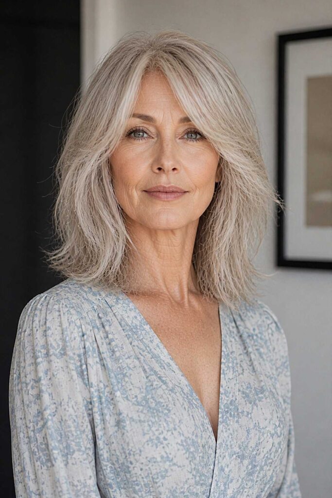 Textured Shoulder-Length Shag with Silver Highlights