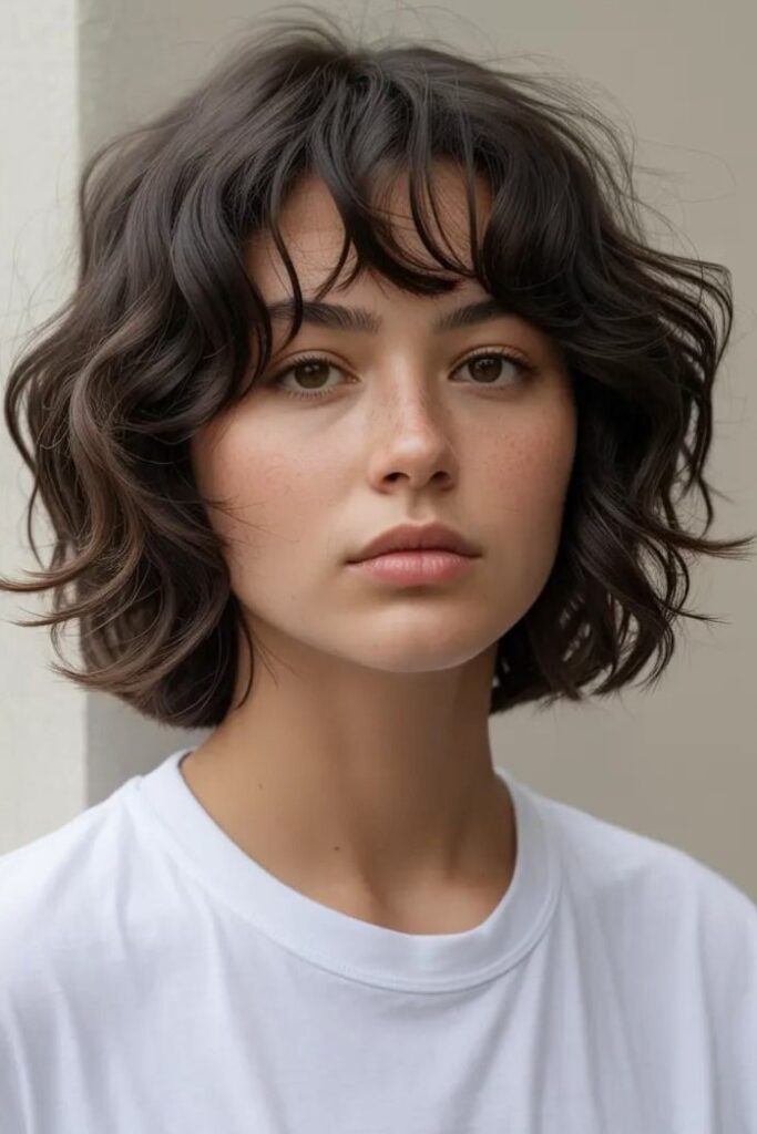 Tousled Brown Bob with Soft Bangs
