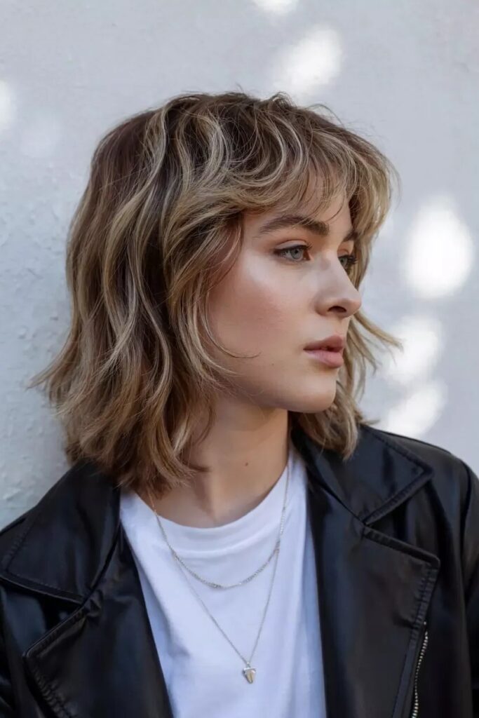 Tousled Textured Bob with Dark Roots and Highlighted Layers