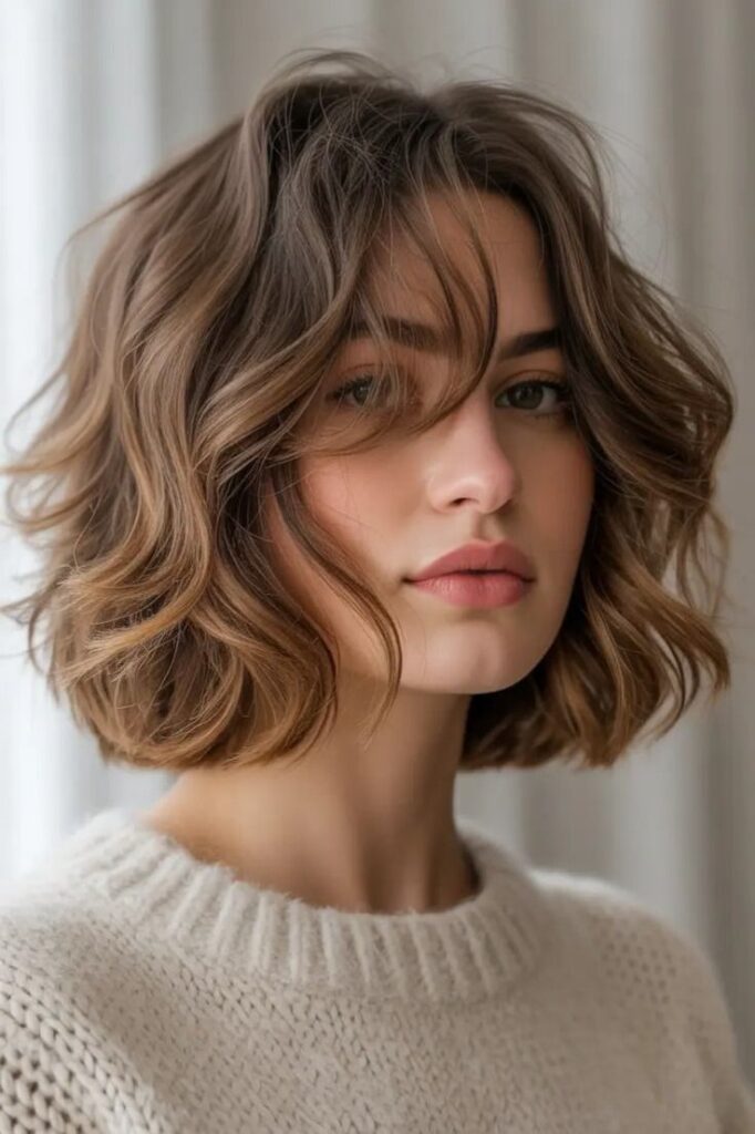 Voluminous Wavy Bob with Piece-Y Bangs